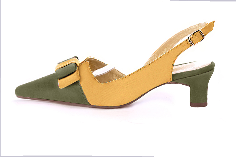 Khaki green and mustard yellow women's open back shoes, with a knot. Tapered toe. Low kitten heels. Profile view - Florence KOOIJMAN
